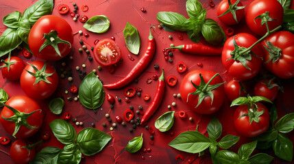 on red background,  tomatoes, red bell pepper, red chili pepper, basil leaves, advertising banner concept for supermarket - Powered by Adobe