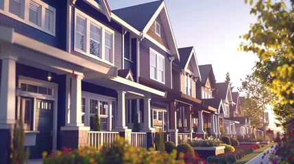 Foto op Plexiglas An up-close look at the facade of a row of craftsman-inspired townhouses, featuring their distinctive design features, such as decorative gables, charming dormers, and contemporary color palettes. © AQ Arts