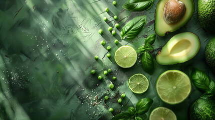 on a green background with shadows from sunlight, cut avocado, basil leaves, cucumber, lime slice, green pea leaves, supermarket banner concept with ingredients - obrazy, fototapety, plakaty