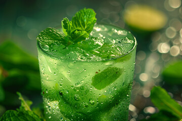 Glass of refreshing cold mojito close-up, quenching thirst - obrazy, fototapety, plakaty