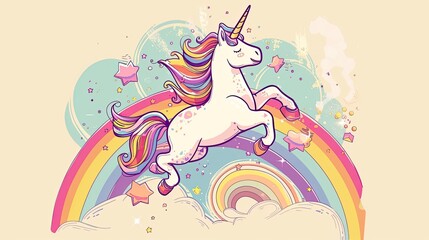 Cute unicorn. Abstraction, doodle, rainbow, horse, myth, horn, miracles, imagination, pony, princess, dream, sorceress, magic, mane. Generated by AI