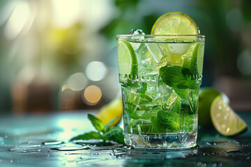 Glass of refreshing cold mojito close-up, quenching thirst - obrazy, fototapety, plakaty