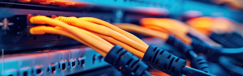 Poster close-up of network cables connected to switch in internet data center. banner.