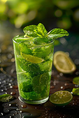 Glass of refreshing cold mojito close-up, quenching thirst