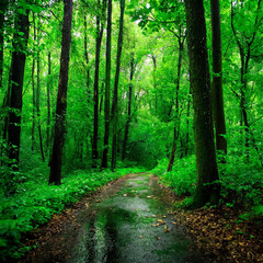 Obraz premium 비가 온 뒤 촉촉해진 숲 