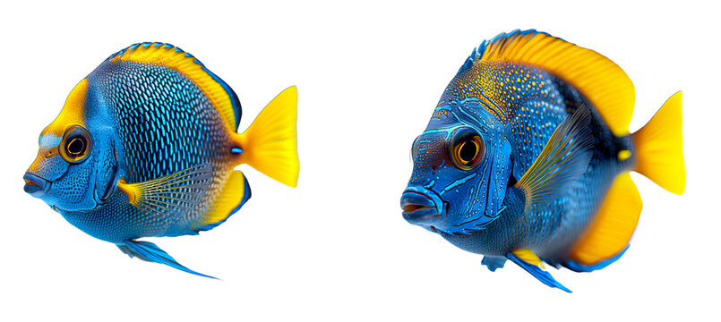 Blue tang isolated on transparent background - Two yellow tang fish.