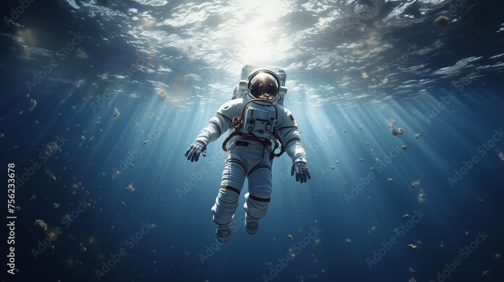 Wall mural an astronaut in a spacesuit floating in water with blue sky future cosmic travel concept. the concep