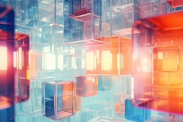 Multi-colored glass cubes, transparent geometric shapes, complex structure. Minimalistic abstract background.