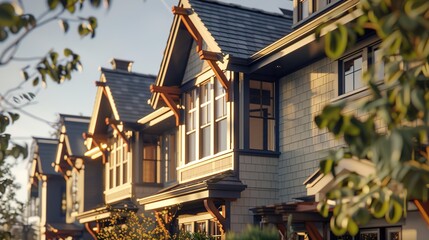 An up-close shot of a craftsman townhouse exterior, highlighting its blend of traditional craftsmanship and modern design sensibilities, with a focus on quality materials, elegant proportions.