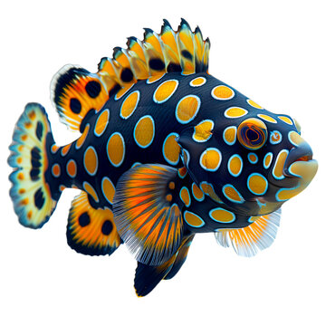 Clown triggerfish isolated on transparent background - A brightly colored fish with blue spots and orange fins.