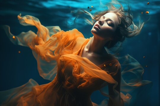 A young beautiful girl underwater slowly dances in a flowing orange dress. Fantastic romantic image of a woman in the dark green depths of the sea.