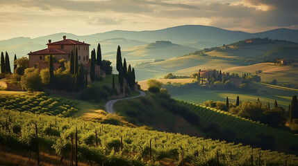 Fototapeta premium Panorama view through vineyards with stone house, Tuscany, Italy. Landscape, hills and meadow. Road with curves and cypresses. Generative AI.