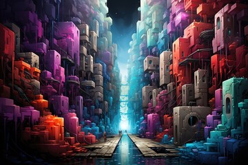Abstract background, multi colored cube shaped blocks, video game design. Surreal sky fi landscape.