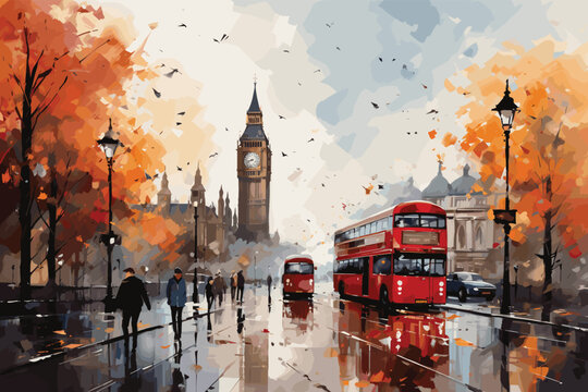Autumn rainy London, Big Ben painted in watercolor on textured paper. Digital watercolor painting
