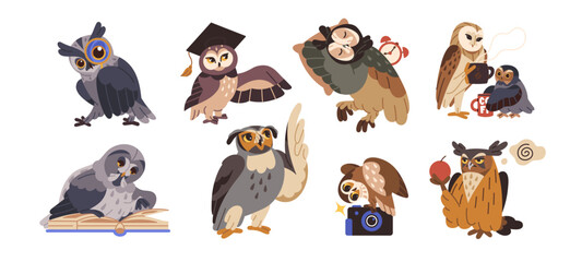 Different owls set. Sleepy characters with coffee. Cute owlets sleep, read book, looking in magnifying glass. Curious bird in graduate cap. Flat isolated vector illustration on white background