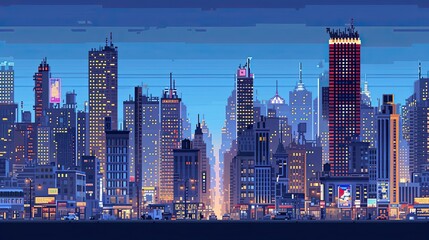 Retro pixel art cityscape with skyscrapers. Pixel art, retro, cityscape, skyscrapers, buildings, urban, vintage, nostalgia, skyline, architecture. Generated by AI