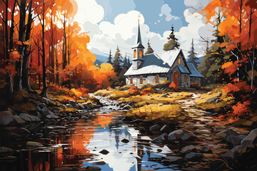 oil painting of a beautiful Christian church - obrazy, fototapety, plakaty