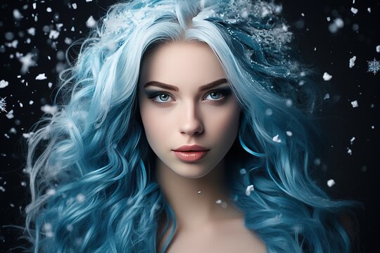 Close-up portrait of a young woman with blue hair dusted with snow. Fairy-tale image of a winter girl, Snow Maiden.
