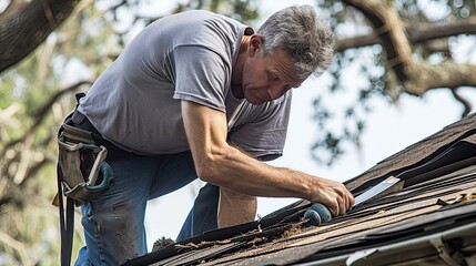 Roofer inspecting and repairing roof. Contractor, roofing materials, safety precautions, skilled labor, expertise, professional service, residential, commercial. Generated by AI