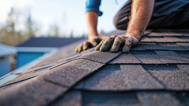 Roofer inspecting and repairing roof. Safety precautions, expert service, diligent work, residential, commercial, renovation . Generated by AI