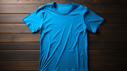 Blue t-shirt on wooden background. Mockup of t-shirt.