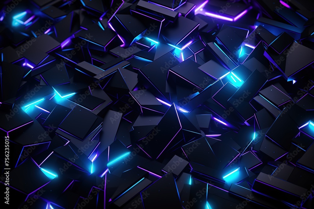 Poster abstract background black cubic square shaped blocks illuminated with pink and blue neon lights. vir