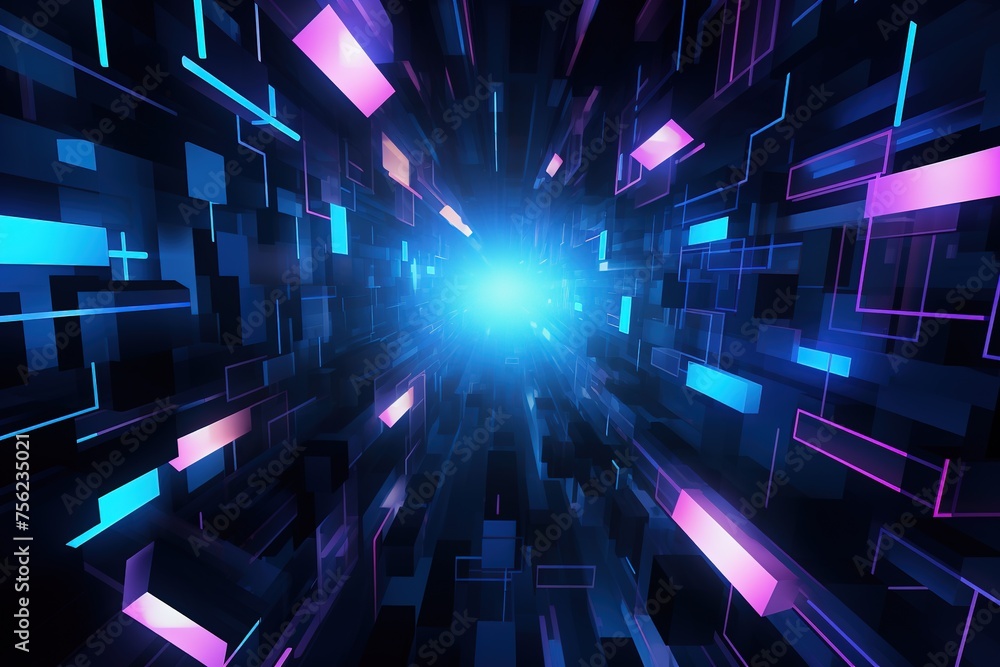 Poster abstract background black cubic square shaped blocks illuminated with pink and blue neon lights. vir
