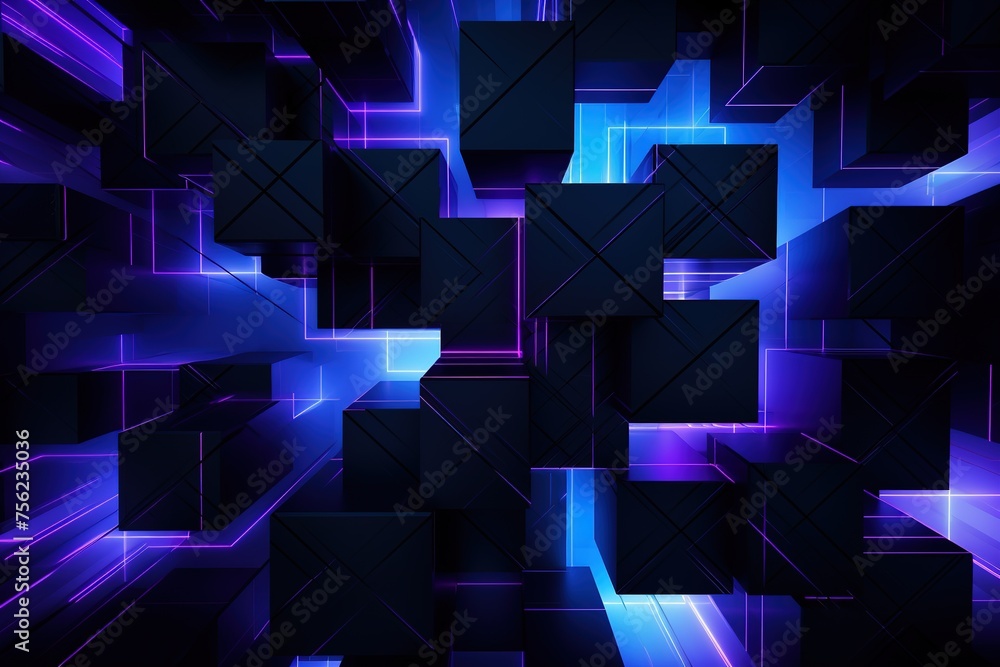 Poster abstract background black cubic square shaped blocks illuminated with pink and blue neon lights. vir