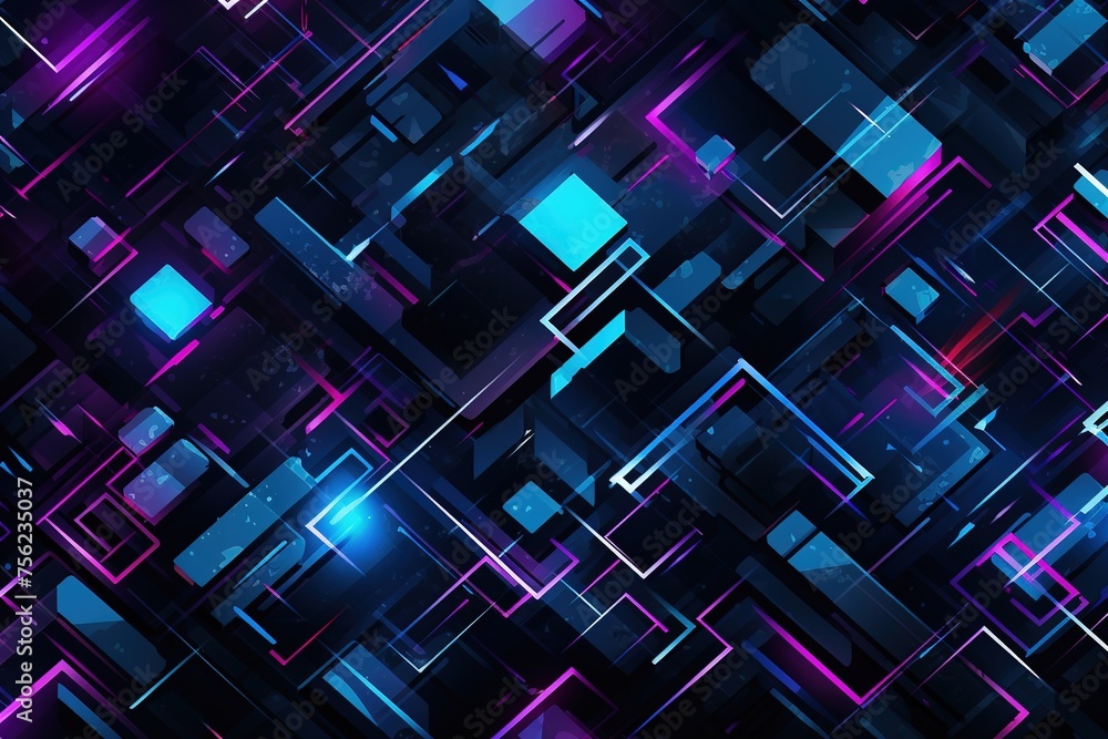 Poster abstract background black cubic square shaped blocks illuminated with pink and blue neon lights. vir