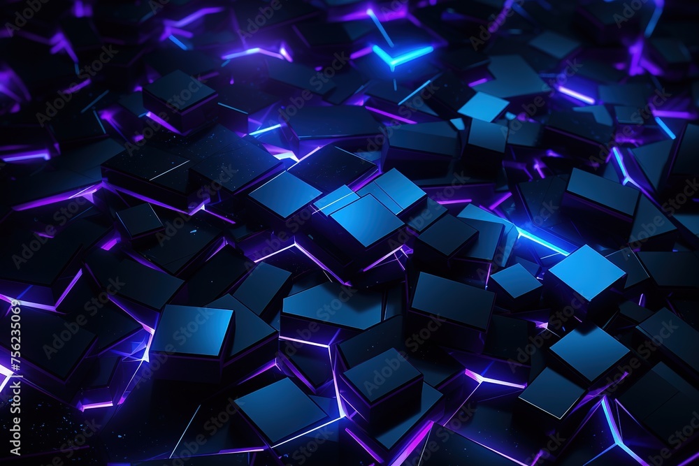 Poster abstract background black cubic square shaped blocks illuminated with pink and blue neon lights. vir