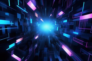 Abstract background black cubic square shaped blocks illuminated with pink and blue neon lights. Virtual immersive space, complex information data structure.