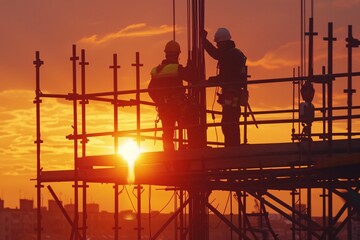 Sunset Scaffolding Two Workers on a Construction Platform Generative AI
