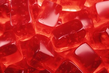 Background with red jelly candies lying on it, soft transparent marmalade cubes. - obrazy, fototapety, plakaty