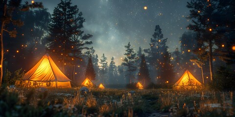 the great outdoors with a tent with fireflies - obrazy, fototapety, plakaty