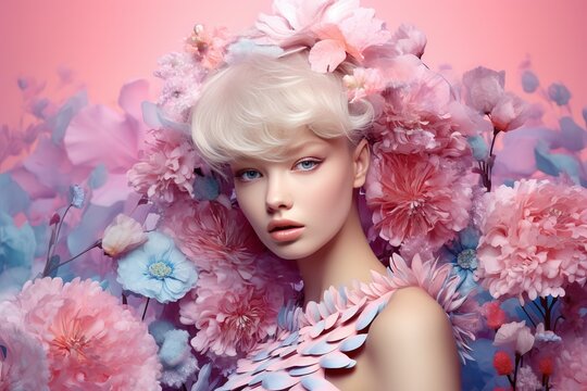 Young blonde girl fashion model in an airy dress posing on a romantic pastel background of flowers. A light fantasy image in a fairy-tale setting.