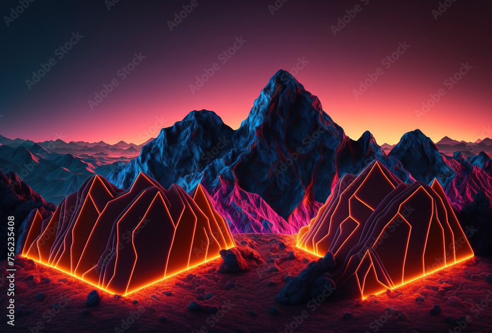 Poster a futuristic landscape, low-polygon mountains illuminated by neon light on a gradient background. im
