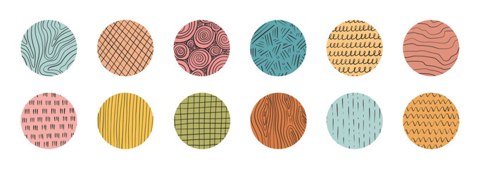 Set of hand drawn in colorful circle texture with different pencil patterns. Crosshatch, rain, wood, spiral and lines. Vector illustration on white background