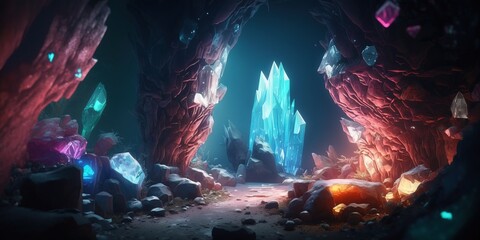 A magical cave with colored crystals and gems. A fairy tale mine, a fantasy dark landscape. AI generated. - obrazy, fototapety, plakaty