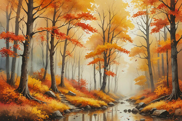 Naklejka na ściany i meble A painting of a forest with a river running through it