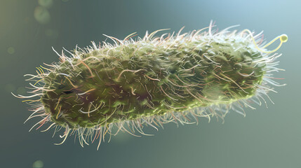 3D close-up of a bacterium with detailed flagella and cell wall, highlighting microscopic motility against a soft background.