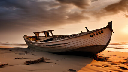 Fototapeta premium Boat Strucked in desert sand on the bank of the sea its the sunset time.