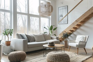Modern Living Room with a Staircase and a Large Window Generative AI