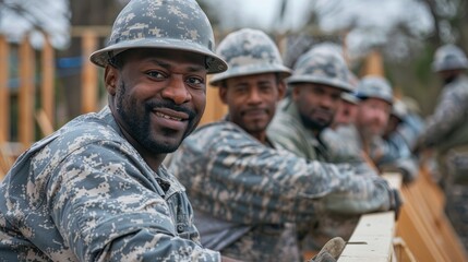 A group of cheerful soldiers wearing camouflage and yellow construction helmets as they work on a building project. - obrazy, fototapety, plakaty