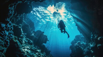 Exploring a mystical underwater cave system, a scuba diver is surrounded by stunning sunbeams, creating an ethereal and captivating scene beneath the ocean's surface