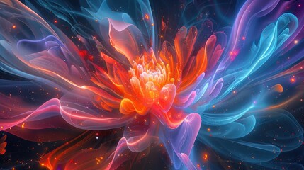 An abstract digital creation resembling a floral nebula blossoming with radiant colors and dynamic swirls, set against the backdrop of space.