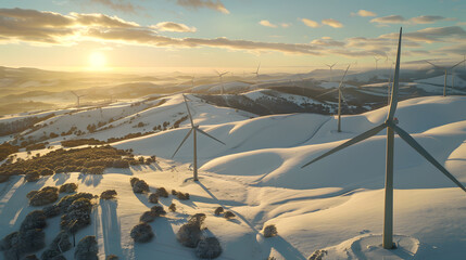 Wind power plant on snow-covered hills - obrazy, fototapety, plakaty