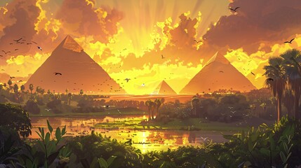 Sunset Over the Nile A Glimpse of Ancient Egypt Generative AI - obrazy, fototapety, plakaty