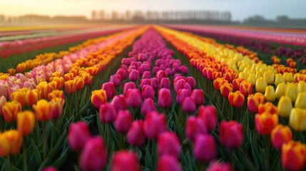 Poster Expansive tulip fields under a sunset sky, creating a colorful panorama of blooming flowers. © Nuth