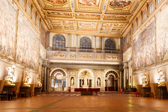 Interior decoration of The Salone dei Cinquecento (Hall of the Five Hundred) in Palazzo Vecchio, Florence, Tuscany, Italy