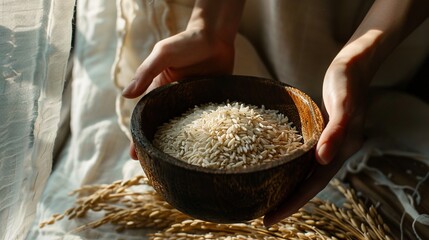 Hand gently cradling a wooden bowl filled with rice and scattered wheat grains Keywords